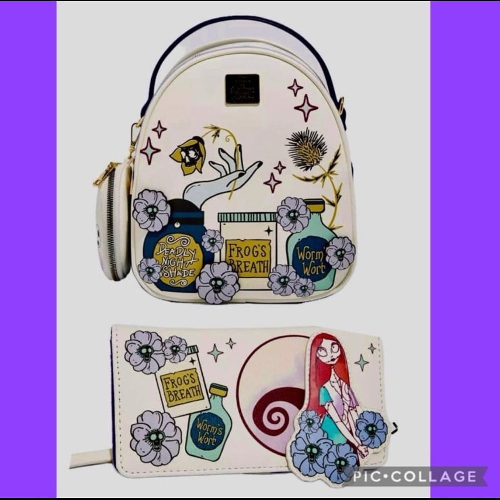 Bioworld NBC Sally's Potion Jars backpack, coin purse, and wallet